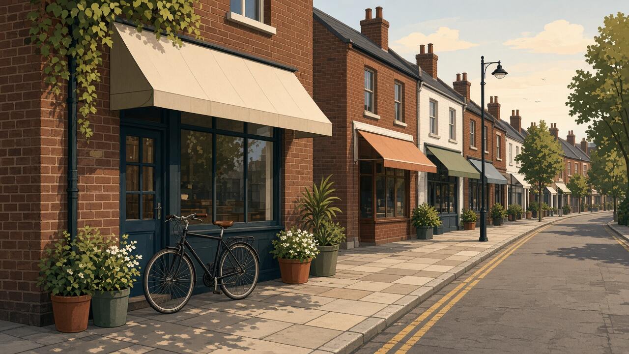 Example illustration of a suburban high street. It is not a photograph of a client website.